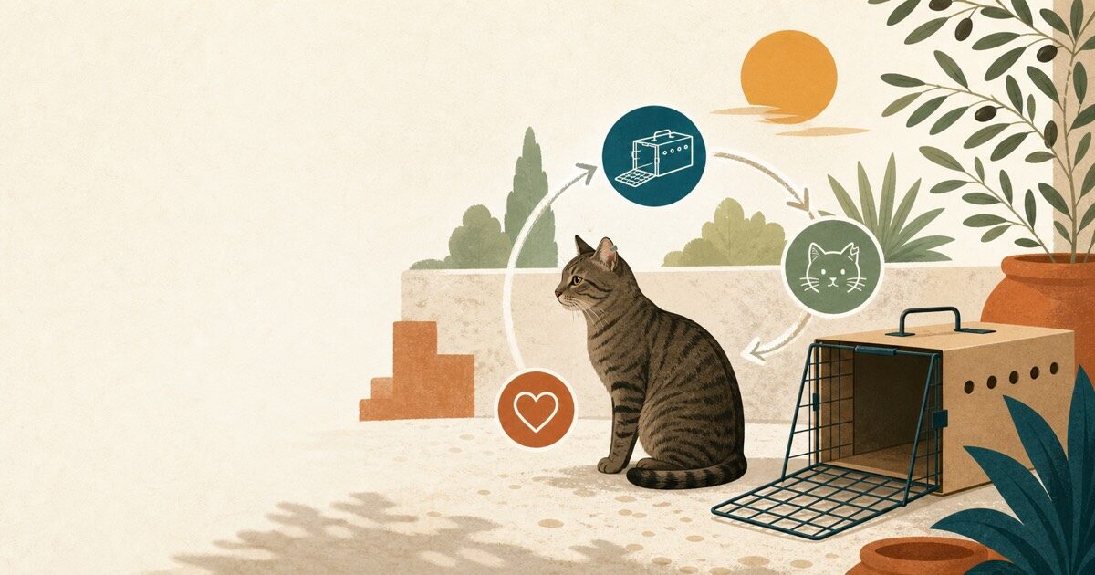 Illustration of a community cat beside an open humane trap, with a circular care-and-return motif